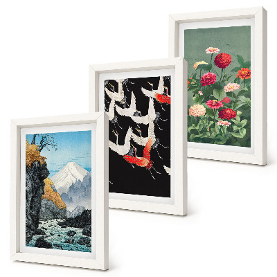 Bilderwand Berge mit einem Wasserfall, Vögel im Flug und bunte Blumen