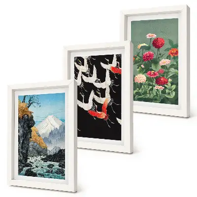Bilderwand mit Bergen, Wasserfall, Vögeln im Flug und bunten Blumen