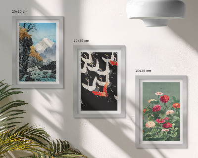 Bilderwand Berge mit einem Wasserfall, Vögel im Flug und bunte Blumen