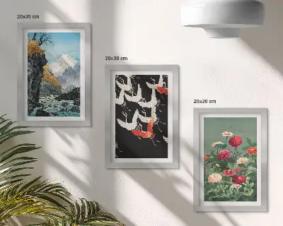 Bilderwand mit Bergen, Wasserfall, Vögeln im Flug und bunten Blumen