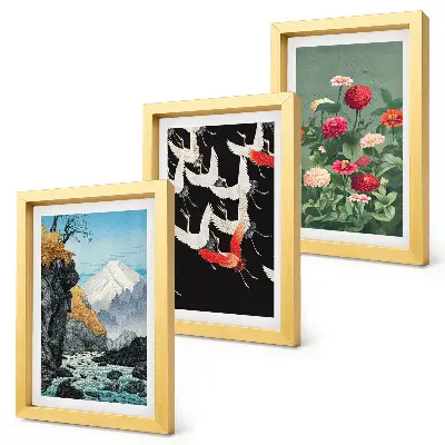 Bilderwand mit Bergen, Wasserfall, Vögeln im Flug und bunten Blumen