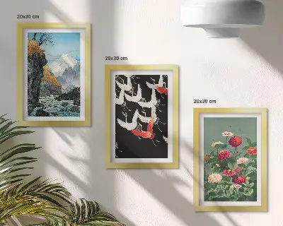 Bilderwand mit Bergen, Wasserfall, Vögeln im Flug und bunten Blumen