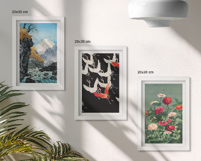 Bilderwand Berge mit einem Wasserfall, Vögel im Flug und bunte Blumen