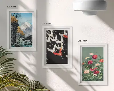 Bilderwand mit Bergen, Wasserfall, Vögeln im Flug und bunten Blumen