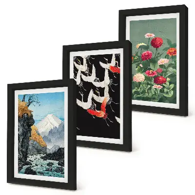 Bilderwand mit Bergen, Wasserfall, Vögeln im Flug und bunten Blumen