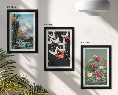 Bilderwand mit Bergen, Wasserfall, Vögeln im Flug und bunten Blumen