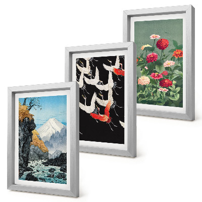 Bilderwand Berge mit einem Wasserfall, Vögel im Flug und bunte Blumen