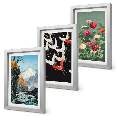 Bilderwand mit Bergen, Wasserfall, Vögeln im Flug und bunten Blumen