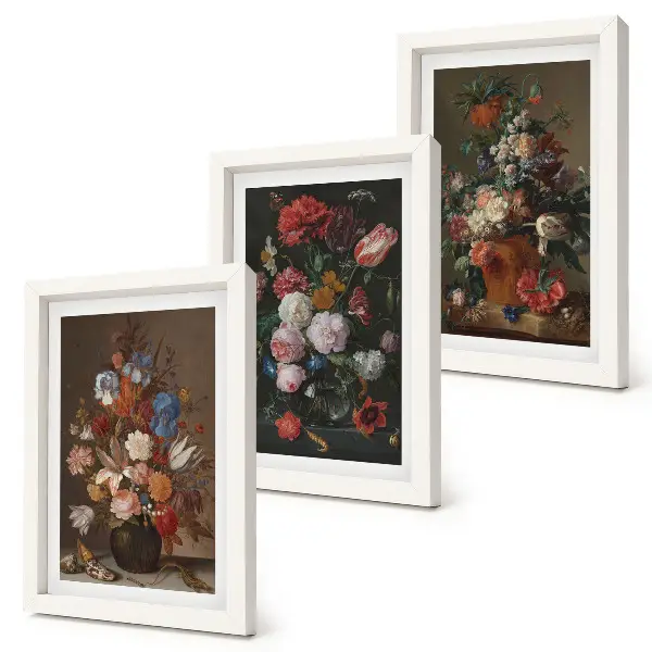 Blumen in Vasen Bilderset mit Rahmen verschiedene Vintage-Pflanzenarrangements