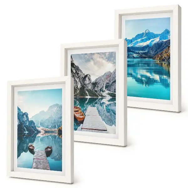Bilderset Bergseen mit Booten und Spiegelungen mit Rahmen