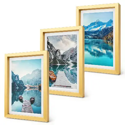 Bilderset Bergseen mit Booten und Spiegelungen mit Rahmen