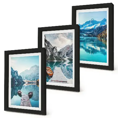 Bilderset Bergseen mit Booten und Spiegelungen mit Rahmen