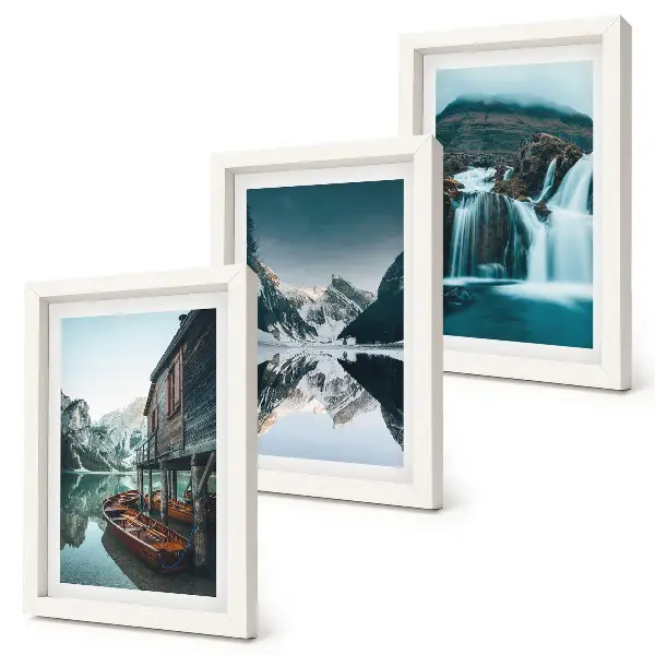 Fotowand mit Berglandschaften, Wasserfall und See