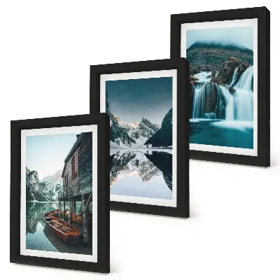 Fotowand mit Berglandschaften, Wasserfall und See