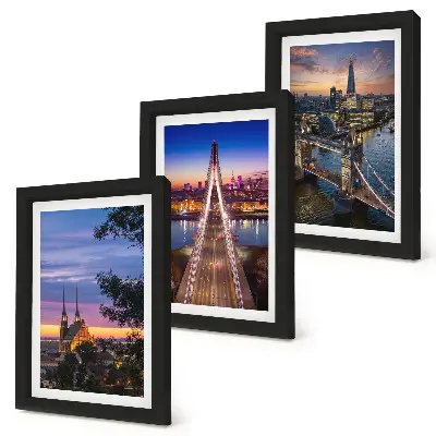 Bilderwand mit Stadtansichten von Brücken bei Sonnenuntergang