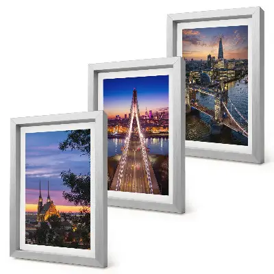 Bilderwand mit Stadtansichten von Brücken bei Sonnenuntergang