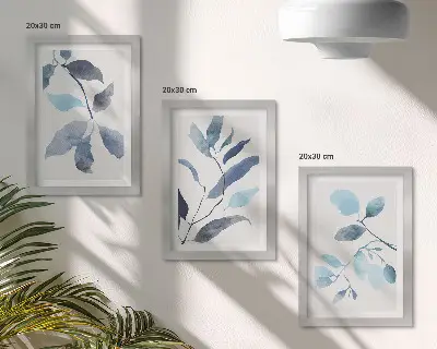 Bilderset mit Rahmen blaue Blätter auf hellem Hintergrund im Aquarellstil