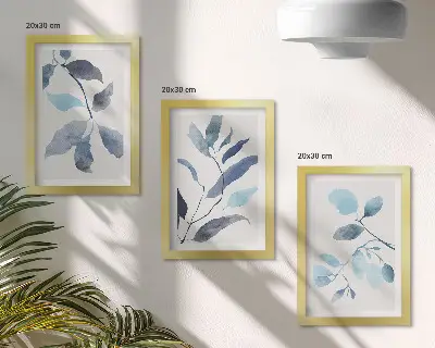 Bilderset mit Rahmen blaue Blätter auf hellem Hintergrund im Aquarellstil