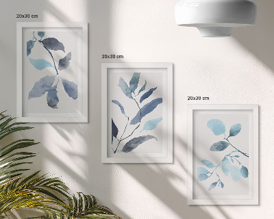 Bilderset mit rahmen Blaue Blätter auf hellem Hintergrund, Aquarellstil