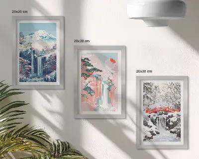 Bilderwand mit Berglandschaften und Wasserfällen in verschiedenen Jahreszeiten