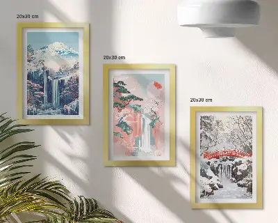 Bilderwand mit Berglandschaften und Wasserfällen in verschiedenen Jahreszeiten