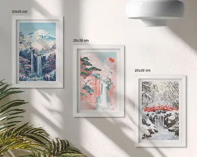 Bilderwand mit Berglandschaften und Wasserfällen in verschiedenen Jahreszeiten