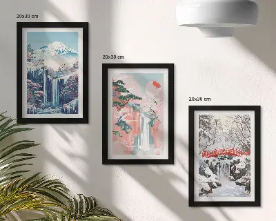 Bilderwand mit Berglandschaften und Wasserfällen in verschiedenen Jahreszeiten