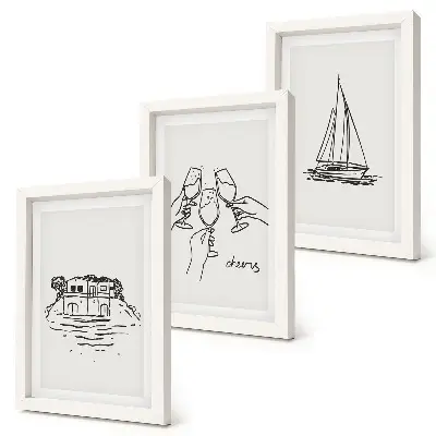 Bilderwand mit Motiv Blick auf ein Haus am Wasser, Toast mit Gläsern und Segelboot