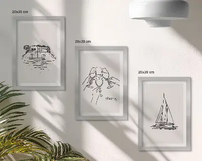 Bilderwand mit Motiv Blick auf ein Haus am Wasser, Toast mit Gläsern und Segelboot