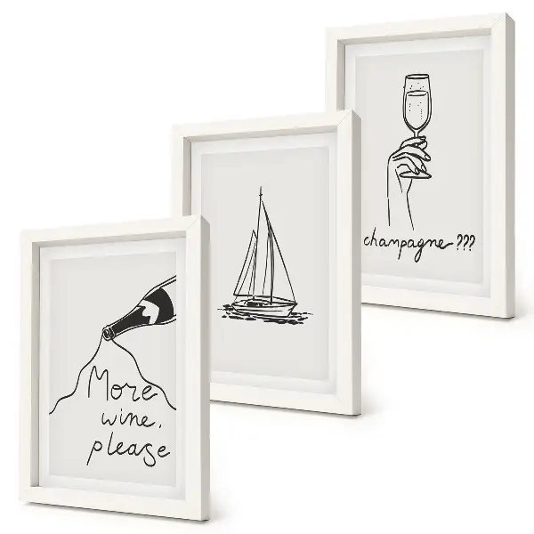 Bilderset mit Rahmen Weinsegelboot und Champagnerglas im Line-Art-Stil