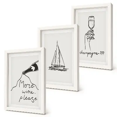 Bilderset mit Rahmen Weinsegelboot und Champagnerglas im Line-Art-Stil
