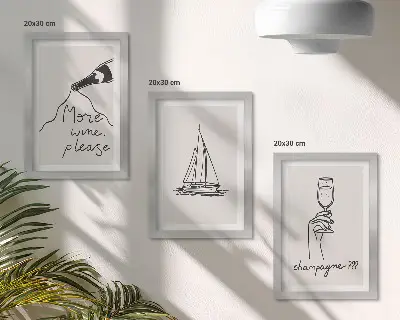 Bilderset mit Rahmen Weinsegelboot und Champagnerglas im Line-Art-Stil