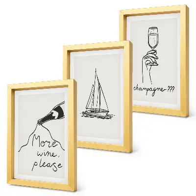 Bilderset mit Rahmen Weinsegelboot und Champagnerglas im Line-Art-Stil
