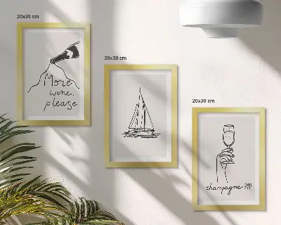Bilderset mit Rahmen Weinsegelboot und Champagnerglas im Line-Art-Stil