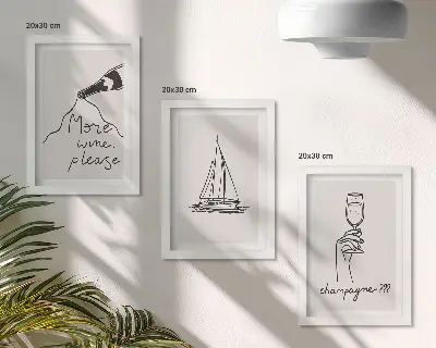 Bilderset mit Rahmen Weinsegelboot und Champagnerglas im Line-Art-Stil