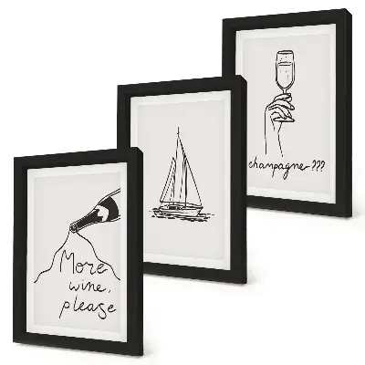 Bilderset mit Rahmen Weinsegelboot und Champagnerglas im Line-Art-Stil