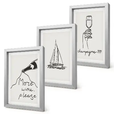 Bilderset mit Rahmen Weinsegelboot und Champagnerglas im Line-Art-Stil