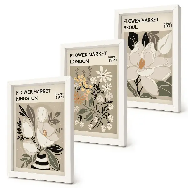Bilderwand mit Retro-Blumenmotiven aus verschiedenen Städten der Welt