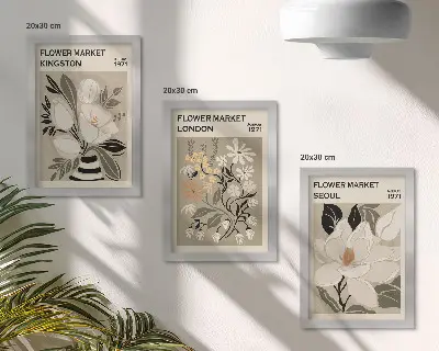 Bilderwand mit Retro-Blumenmotiven aus verschiedenen Städten der Welt