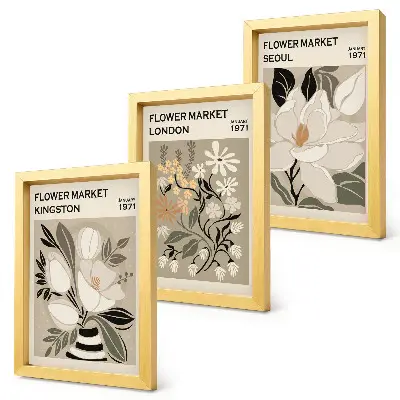 Bilderwand mit Retro-Blumenmotiven aus verschiedenen Städten der Welt