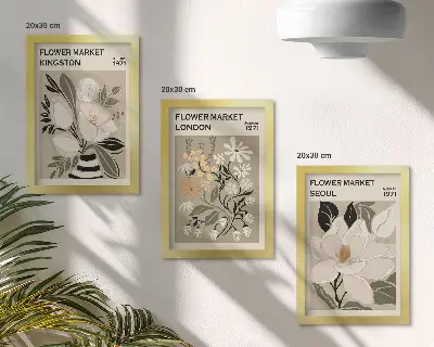 Bilderwand mit Retro-Blumenmotiven aus verschiedenen Städten der Welt