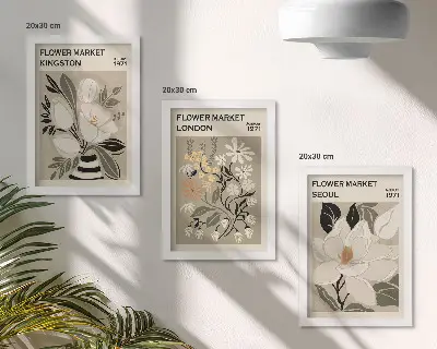 Bilderwand mit Retro-Blumenmotiven aus verschiedenen Städten der Welt