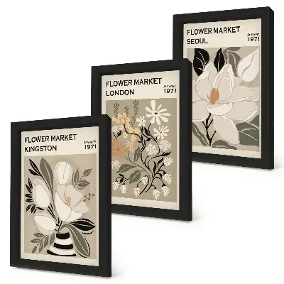 Bilderwand mit Retro-Blumenmotiven aus verschiedenen Städten der Welt