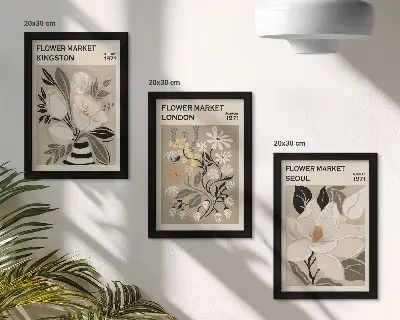 Bilderwand mit Retro-Blumenmotiven aus verschiedenen Städten der Welt