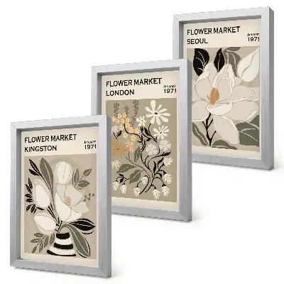 Bilderwand mit Retro-Blumenmotiven aus verschiedenen Städten der Welt