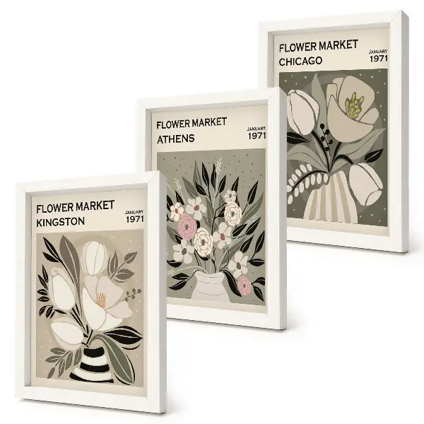Blumenarrangements im Retro-Stil aus verschiedenen Städten bilderset mit rahmen