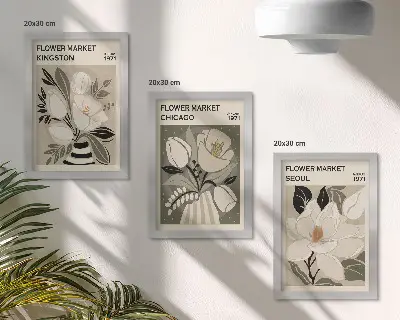 Bilderwand mit Blumenmotiven von Märkten in Kingston, Chicago und Seoul im Retrostil