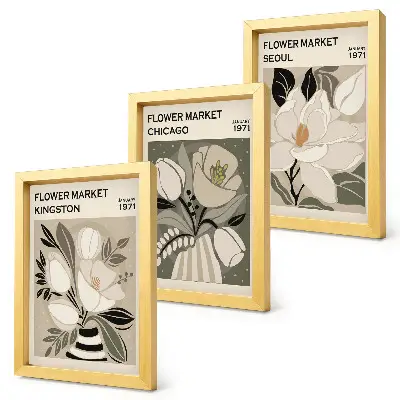 Bilderwand mit Blumenmotiven von Märkten in Kingston, Chicago und Seoul im Retrostil