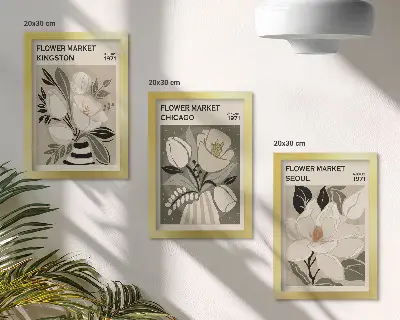 Bilderwand mit Blumenmotiven von Märkten in Kingston, Chicago und Seoul im Retrostil