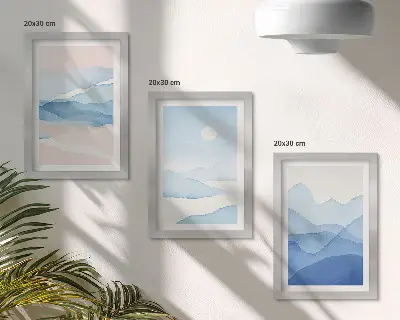 Fotowand mit aquarellierten blauen und rosa Berglandschaften